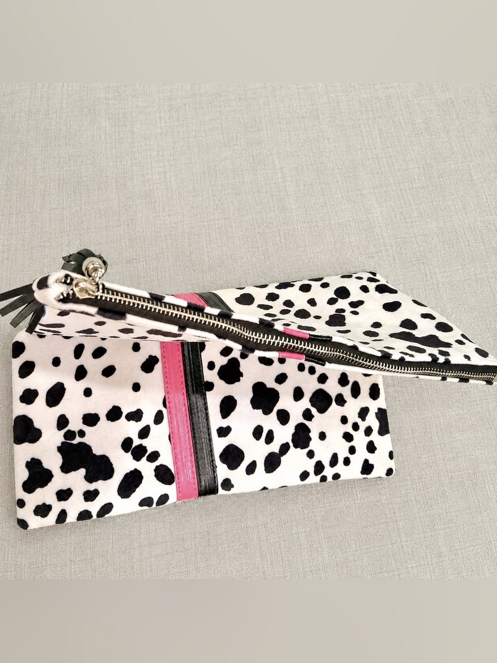 Black White Dalmatian Collection Clutch Pink Stripe Foldover Purse with Tassel - Picture 6 of 10